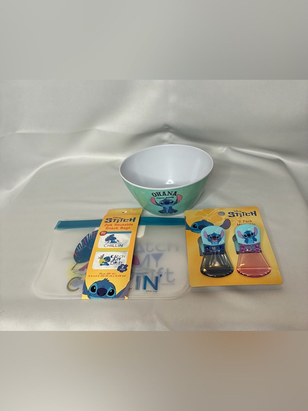 Disney Lilo & Stitch Snack Bowl, Bags, & Clips Set - Green, Blue, Teal,
